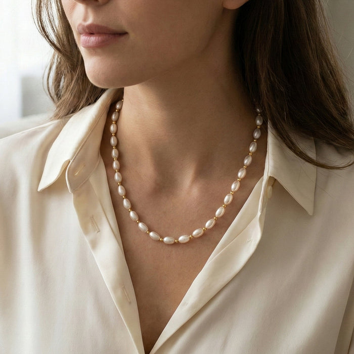 Elegant Pearl Beaded Necklace with Gold-Tone Link Detailing (1 Pc) by Your Brand