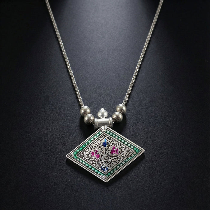 Traditional Square Motif Oxidised Silver Finish Pendant Necklace (1 Pc) by Your Brand