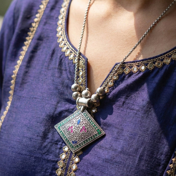 Traditional Square Motif Oxidised Silver Finish Pendant Necklace (1 Pc) by Your Brand