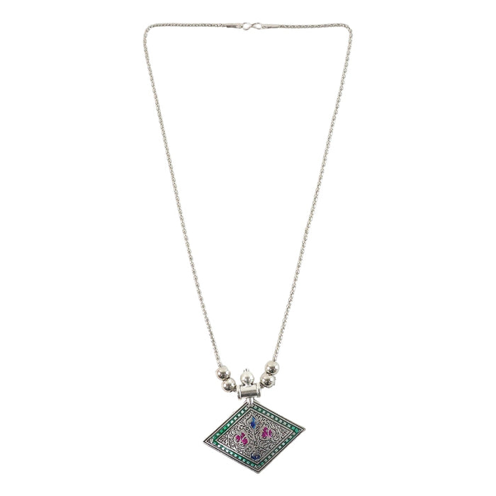 Traditional Square Motif Oxidised Silver Finish Pendant Necklace (1 Pc) by Your Brand