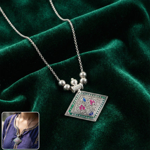 Traditional Square Motif Oxidised Silver Finish Pendant Necklace (1 Pc) by Your Brand