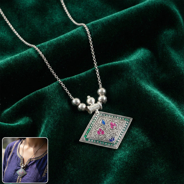 Traditional Square Motif Oxidised Silver Finish Pendant Necklace (1 Pc) by Your Brand