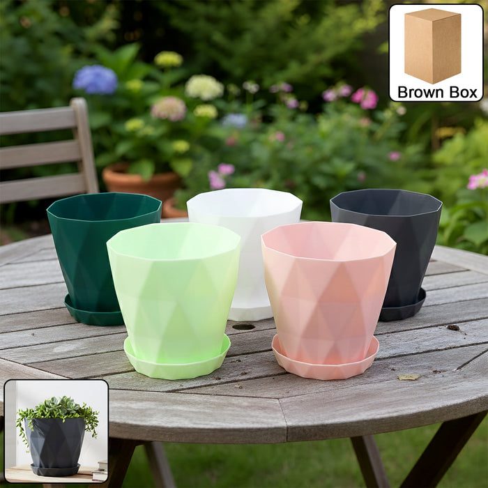 Diamond Design Plastic Flower Pot Set with Drain Tray (5 Pc) by Your Brand