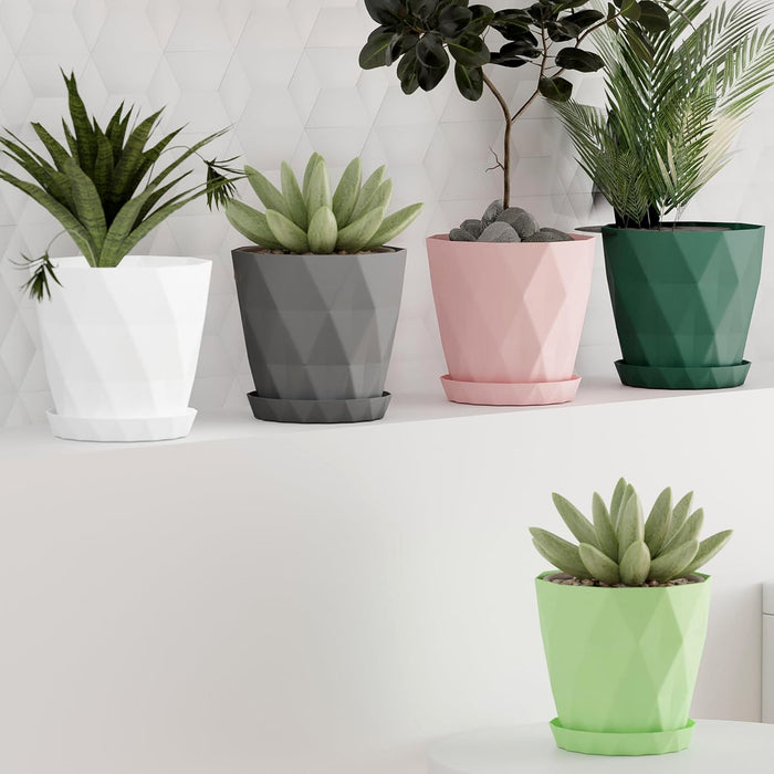 Diamond Design Plastic Flower Pot Set with Drain Tray (5 Pc) by Your Brand