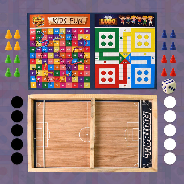 Wooden Board Game Set – Ludo, Snakes & Ladders, and Desktop Football (3-in-1) by Your Brand