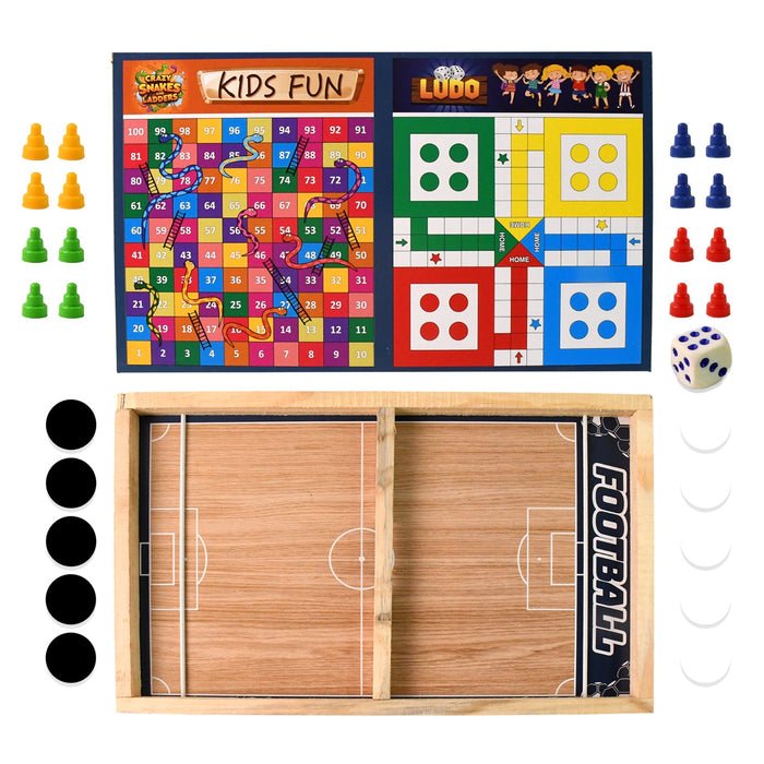 Wooden Board Game Set – Ludo, Snakes & Ladders, and Desktop Football (3-in-1) by Your Brand