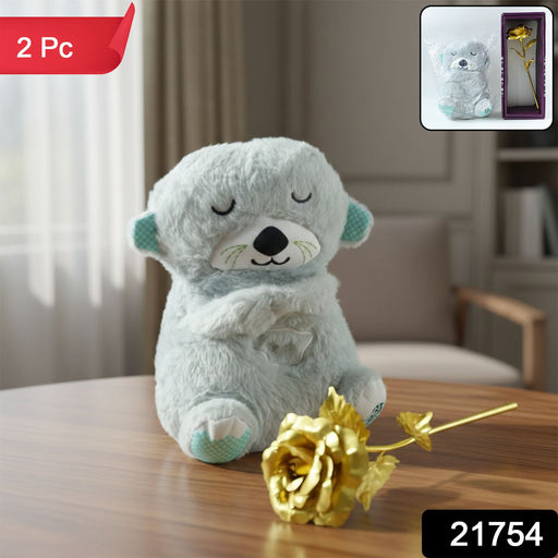 Teddy Bear with Artificial Golden Rose Flower Gift Set (2 Pc) by Your Brand