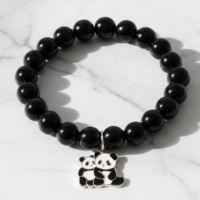 Premium Black Beaded Stretch Bracelet with Cute Panda Charm (1 Pc) by Your Brand