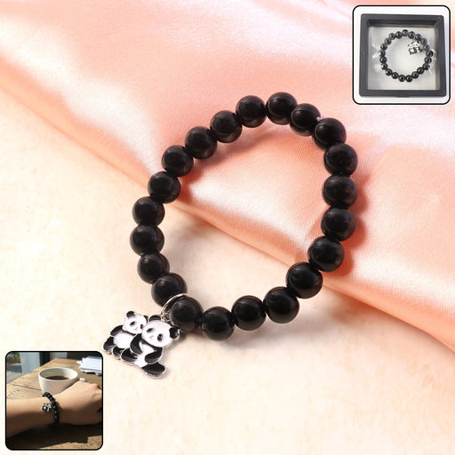 Premium Black Beaded Stretch Bracelet with Cute Panda Charm (1 Pc) by Your Brand