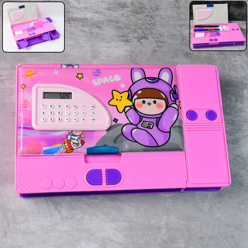 Multi-Functional Space Theme Pencil Box with Built-in Calculator (1 Pc) by Your Brand