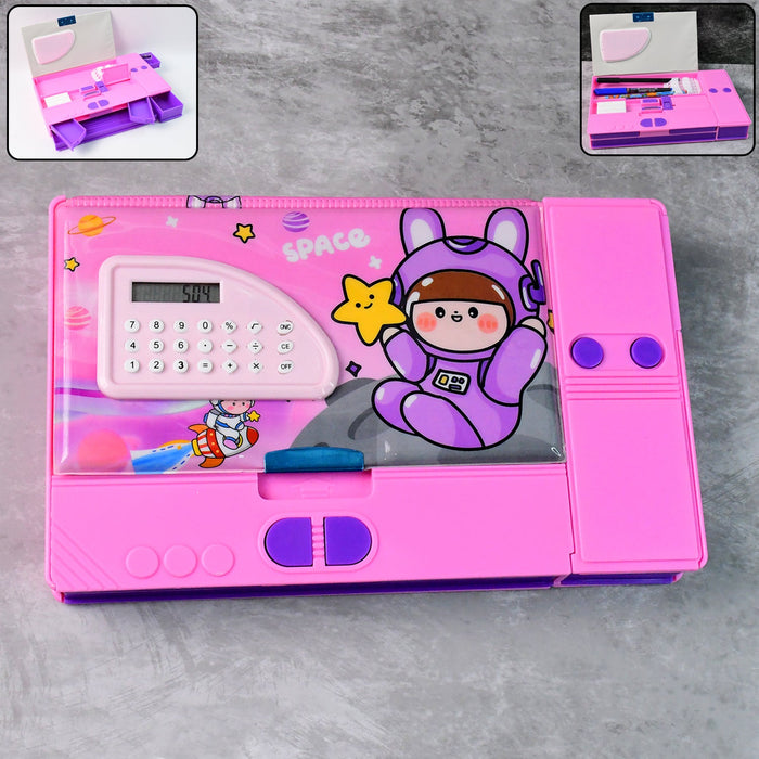 Multi-Functional Space Theme Pencil Box with Built-in Calculator (1 Pc) by Your Brand