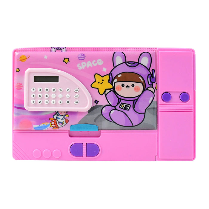 Multi-Functional Space Theme Pencil Box with Built-in Calculator (1 Pc) by Your Brand