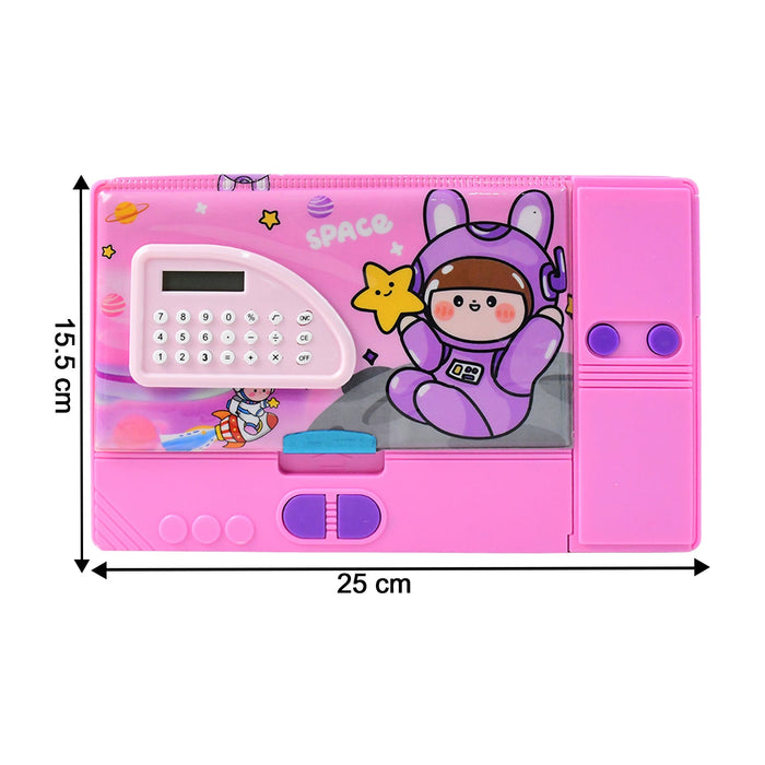 Multi-Functional Space Theme Pencil Box with Built-in Calculator (1 Pc) by Your Brand