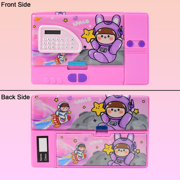 Multi-Functional Space Theme Pencil Box with Built-in Calculator (1 Pc) by Your Brand