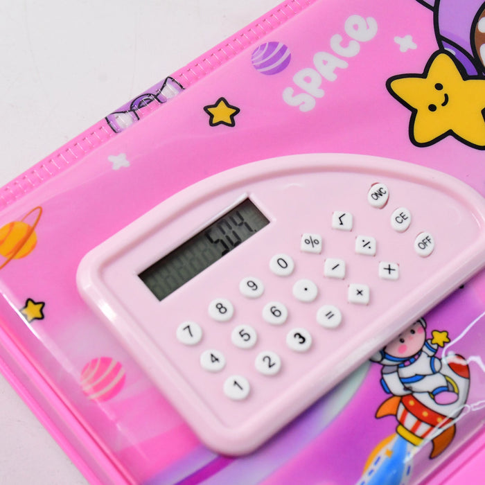 Multi-Functional Space Theme Pencil Box with Built-in Calculator (1 Pc) by Your Brand