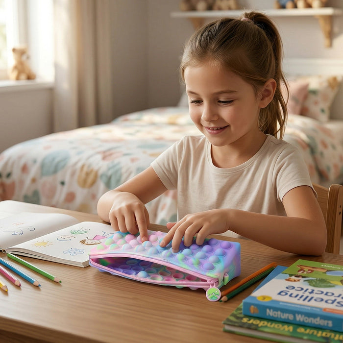 Multicolor Pop It Silicone Pencil Pouch for Kids (1 Pc, 21x10 Cm / Mix Color) by Your Brand