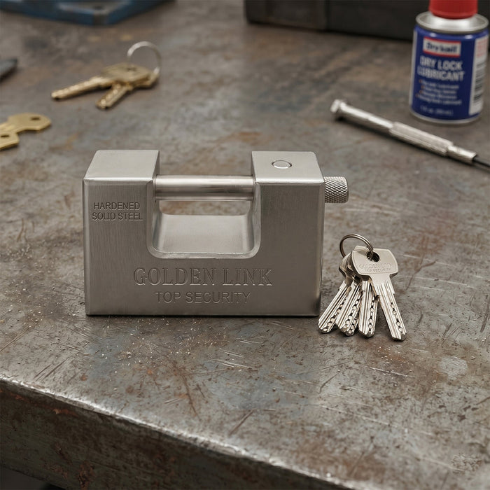 94mm Stainless Steel Padlock: Rectangular, Hardened Steel, 5 Keys