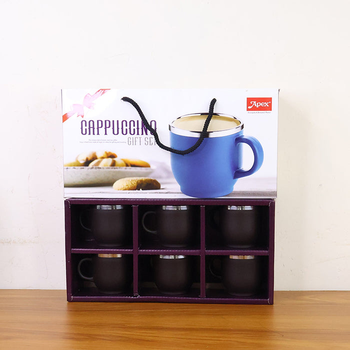 Apex Premium Double Wall Stainless Steel Cappuccino Mug Gift Set (6 Pc / 100 ML)
