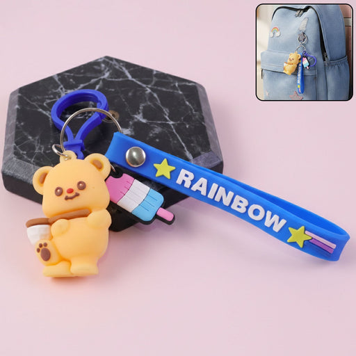 Cute Bear Cartoon Keychain with Rainbow Strap (1 Pc) by Your Brand