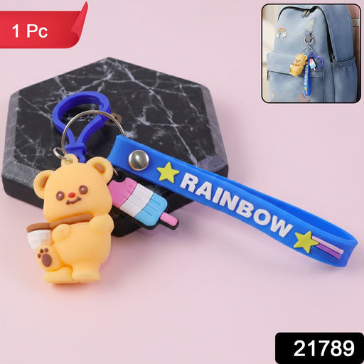 Cute Bear Cartoon Keychain with Rainbow Strap (1 Pc) by Your Brand