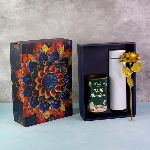 Effete Kulfi Almonds Gift Hamper, Golden Rose With Bottle (3 Pc Set), Mix Color by Your Brand