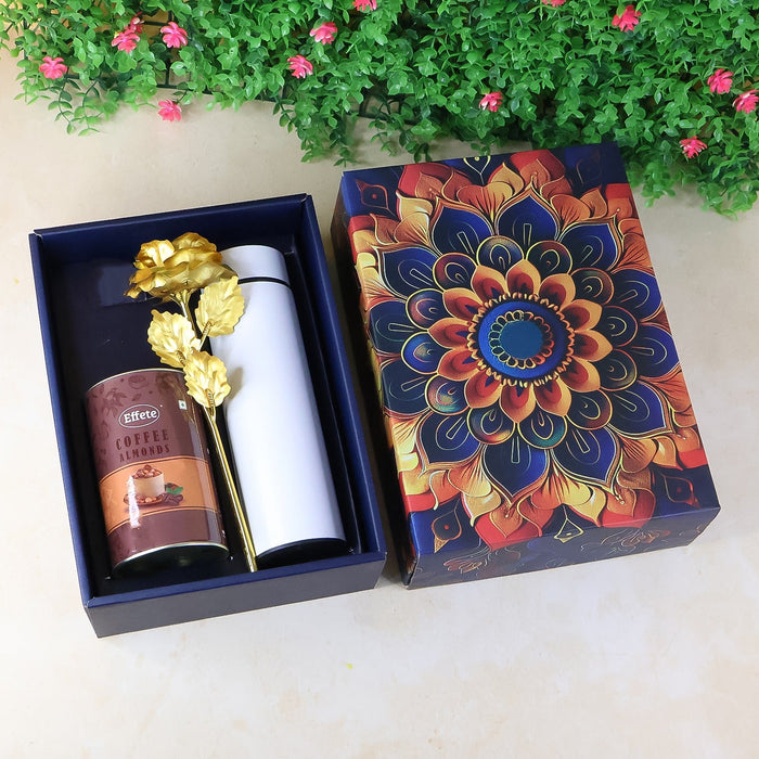 Effete Coffee Almonds Gift Hamper, Golden Rose With Bottle (3 Pc Set), Mix Color by Your Brand