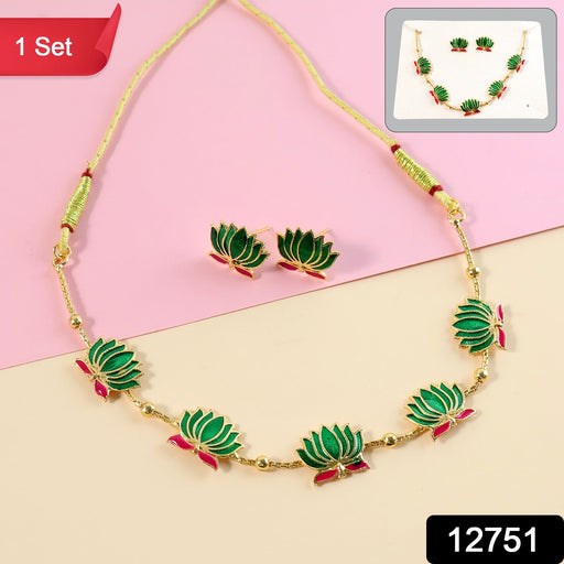 Traditional Green & Lotus Motif Jewellery Set by Your Brand