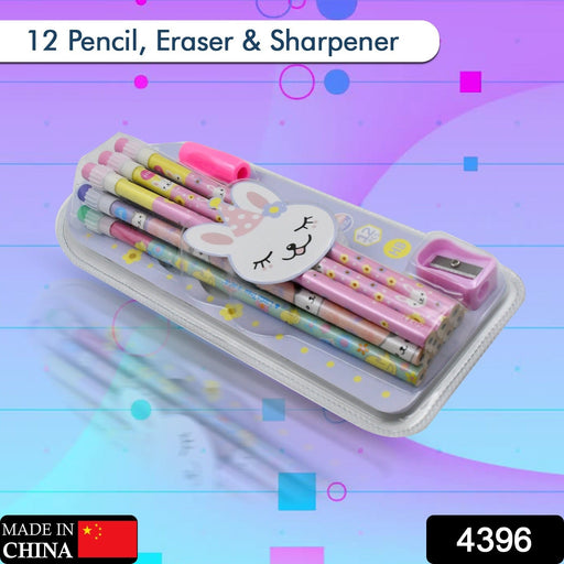 Cute Rabbit Bear Drawing Graphite Writing Pencil Set with Pencil Sharpener & Eraser, Pencil and Eraser Set with Eraser for Kids, for Girls, Fancy School Stationary, Birthday Party Return Gift (14 Pc Set) by Your Brand