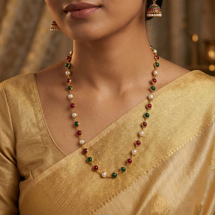 Traditional Multicolor Beaded Pearl Necklace with Red & Green Stone (1 Pc) by Your Brand