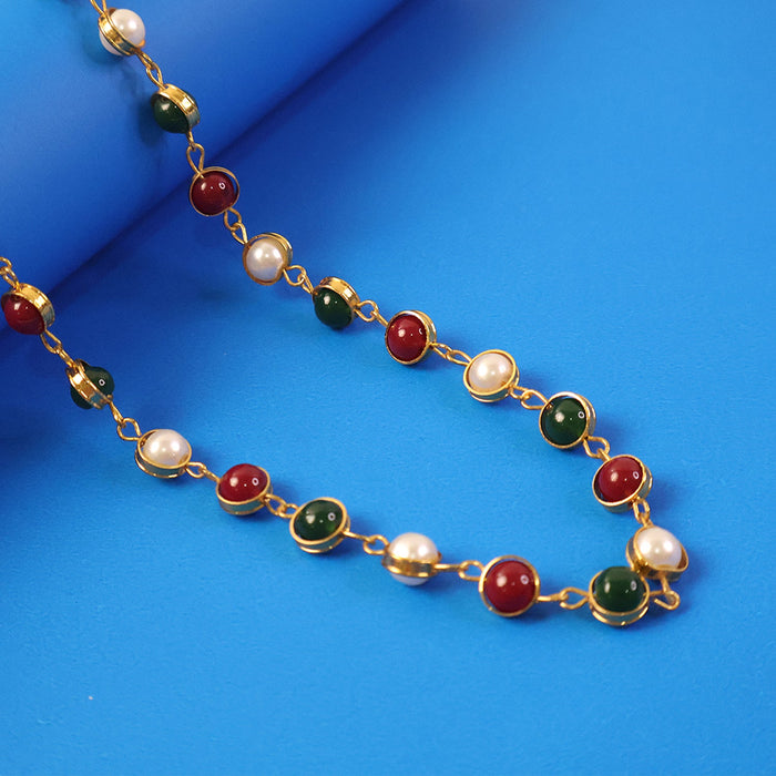 Traditional Multicolor Beaded Pearl Necklace with Red & Green Stone (1 Pc) by Your Brand