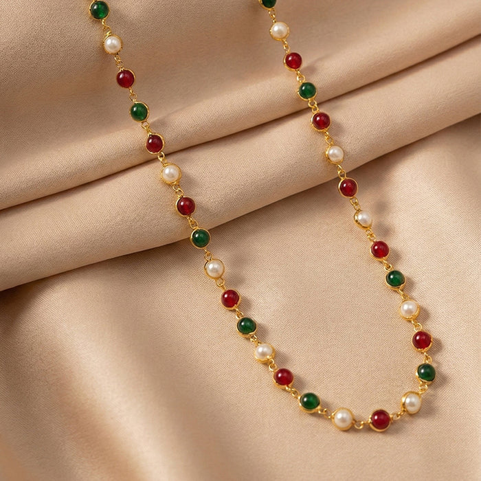 Traditional Multicolor Beaded Pearl Necklace with Red & Green Stone (1 Pc) by Your Brand