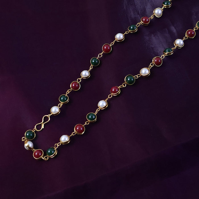 Traditional Multicolor Beaded Pearl Necklace with Red & Green Stone (1 Pc) by Your Brand