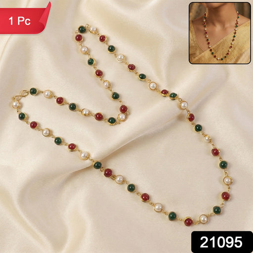 Traditional Multicolor Beaded Pearl Necklace with Red & Green Stone (1 Pc) by Your Brand