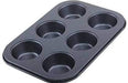 Non-stick reusable cupcake baking tray for 6 muffins.