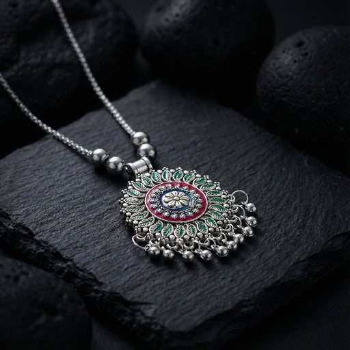 Antique Silver-Tone Oxidized Floral Mandala Pendant Necklace (1 Pc) by Your Brand