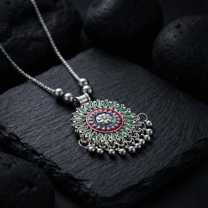 Antique Silver-Tone Oxidized Floral Mandala Pendant Necklace (1 Pc) by Your Brand