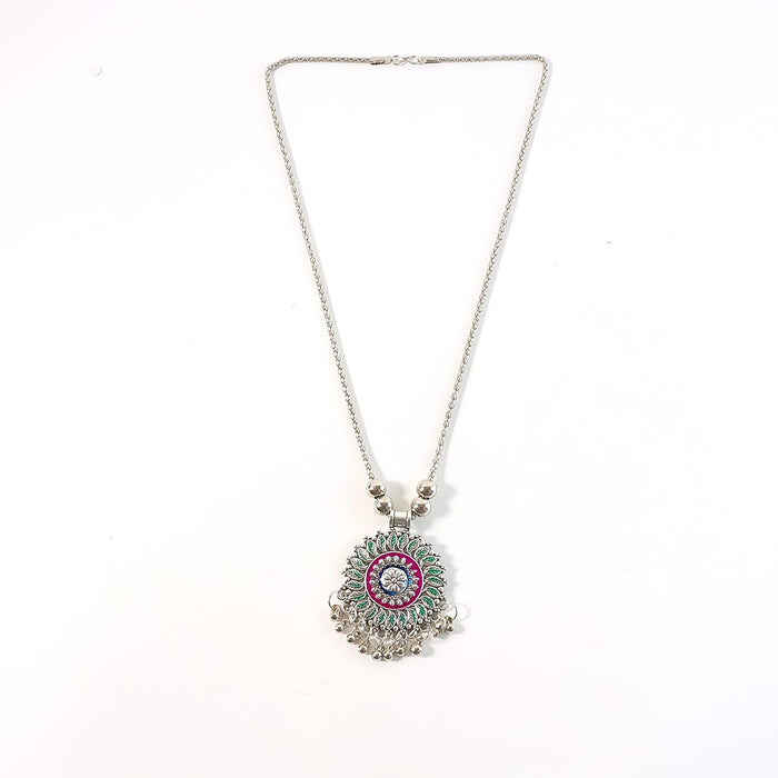 Antique Silver-Tone Oxidized Floral Mandala Pendant Necklace (1 Pc) by Your Brand