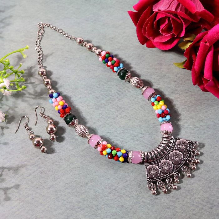 Premium Multicolor Beaded Oxidised Necklace (1 Pc Set) by Your Brand