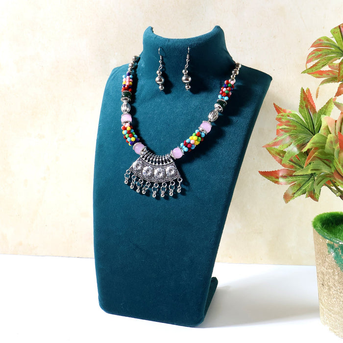 Premium Multicolor Beaded Oxidised Necklace (1 Pc Set) by Your Brand