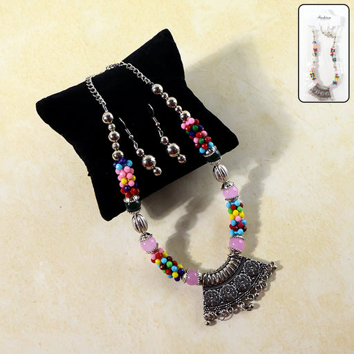 Premium Multicolor Beaded Oxidised Necklace (1 Pc Set) by Your Brand