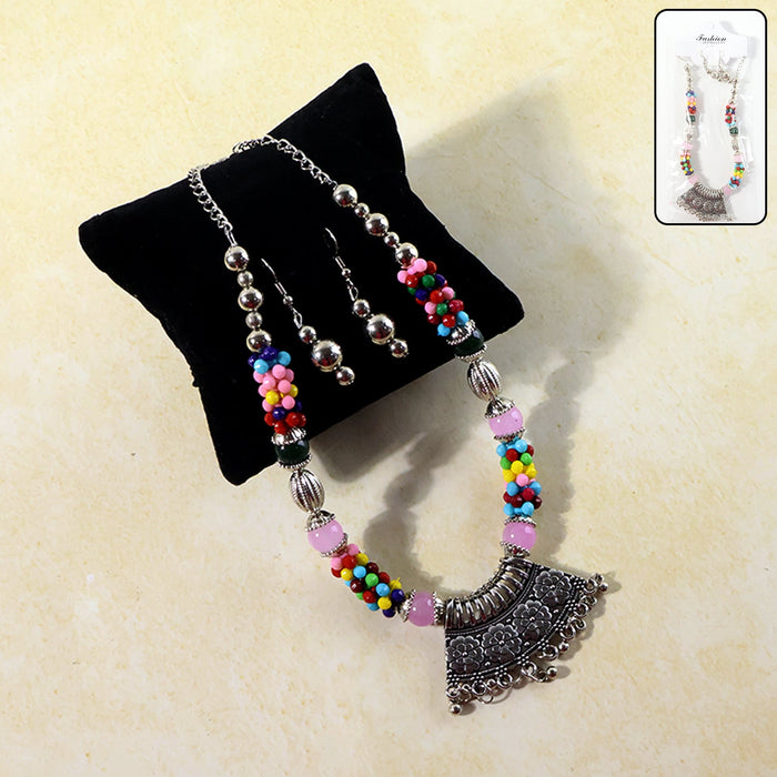 Premium Multicolor Beaded Oxidised Necklace (1 Pc Set) by Your Brand
