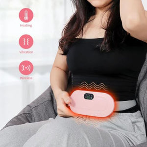 Portable wireless massage heating belt around the lower back delivers heat, vibration, and reusable heat wrap.