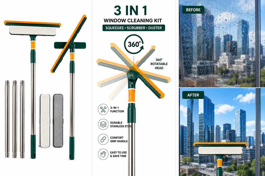 3 In 1 Glass Wiper – Multi-Purpose Floor, Glass & Dust Cleaning Tool for Home & Office