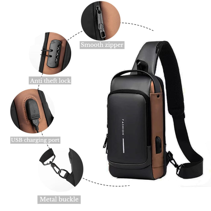Unisex black and brown lightweight crossbody sling bag with anti-theft lock, smooth zipper, USB charging port.
