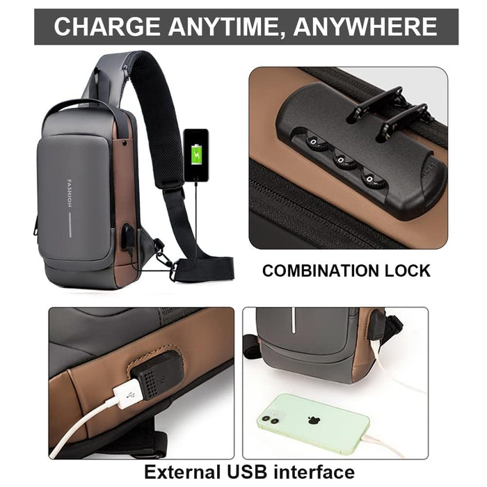 Unisex lightweight crossbody sling bag for travel and daily use, with built-in combination lock and USB interface.