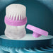 Multicolour plastic wash basin brush cleaner with liquid soap dispenser.